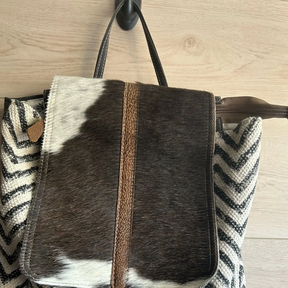 Myra Chevron Brown and White Patterned Backpack with Cowhide Flap.